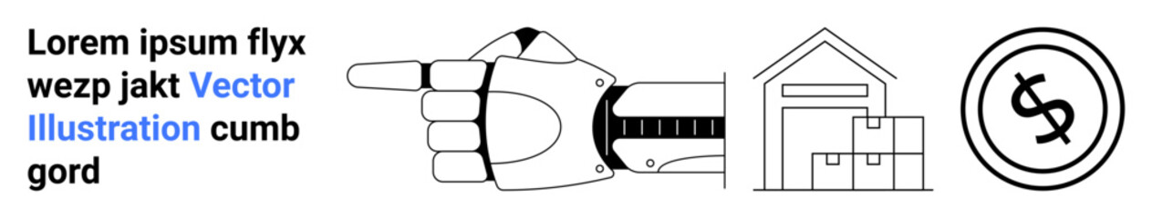 Robotic hand pointing, warehouse with boxes, dollar icon. Ideal for automation, logistics, e-commerce, AI integration, robotics business innovation financial systems. Abstract line flat metaphor