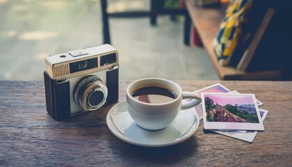 Polaroid camera and hot coffee on a cafe table