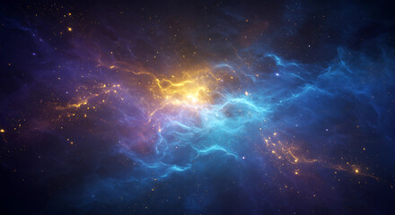 Obraz premium A cosmic nebula with blue and gold glowing astral clouds