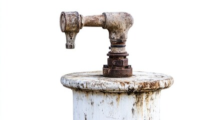 A rustic old water pump with a spigot, isolated on a white background, evoking a sense of nostalgia and simplicity in a timeless, classic design