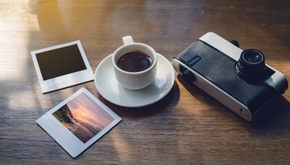 Polaroid camera and hot coffee on a cafe table