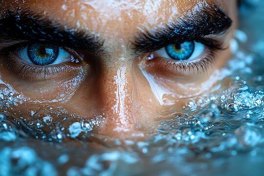 The closeup photograph of human face submerged in clear water