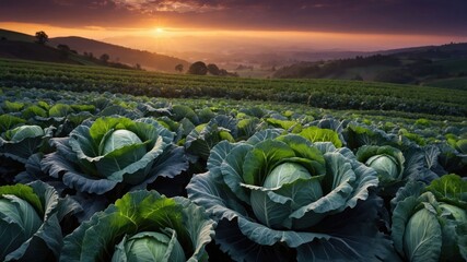A picturesque landscape of cabbage fields at sunset, showcasing nature's beauty and agricultural abundance.