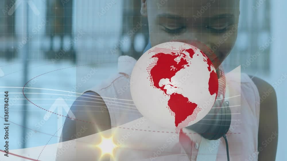Poster using smartphone with digital globe and arrow animation, smiling person
