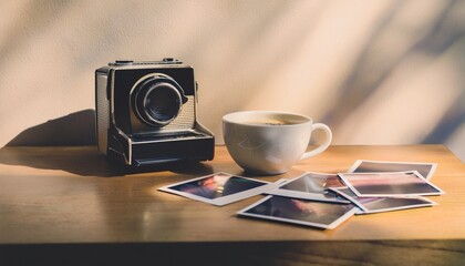 Polaroid camera and hot coffee on a cafe table