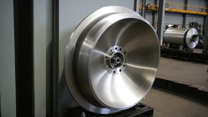 Precision Engineering: Close-Up of a Meticulously Crafted, Large-Scale Metallic Turbine Wheel Ready for Integration in a Heavy Industrial Application.