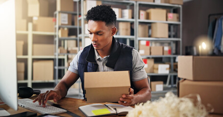 Man, typing and computer with box for distribution of inventory management, online order and stock....