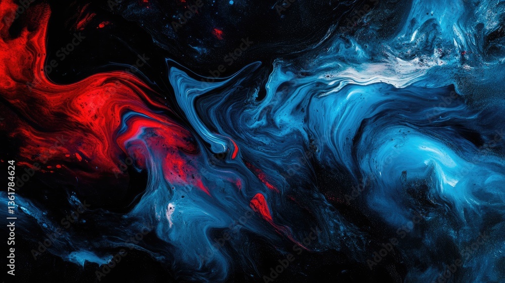 Poster a stunning image of acrylic blue and red colors blending in water, creating an artistic abstract eff