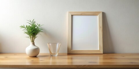 A Minimalist Home Office Setup Featuring a Blank Frame, a Glass, and a Plant in a Vase on a Light Wooden Table