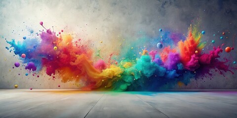 A vibrant explosion of multicolored powder bursts against a neutral backdrop, creating a dynamic and artistic composition with suspended colorful spheres