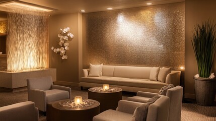 A stylish lounge featuring subtle textures and a neutral color scheme, with carefully placed and soft lighting, creating a tranquil and sophisticated ambiance.