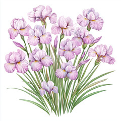Obraz premium illustration of Irises, spring flowers, soft watercolor tones, white background, detailed illustration, cartoonish.