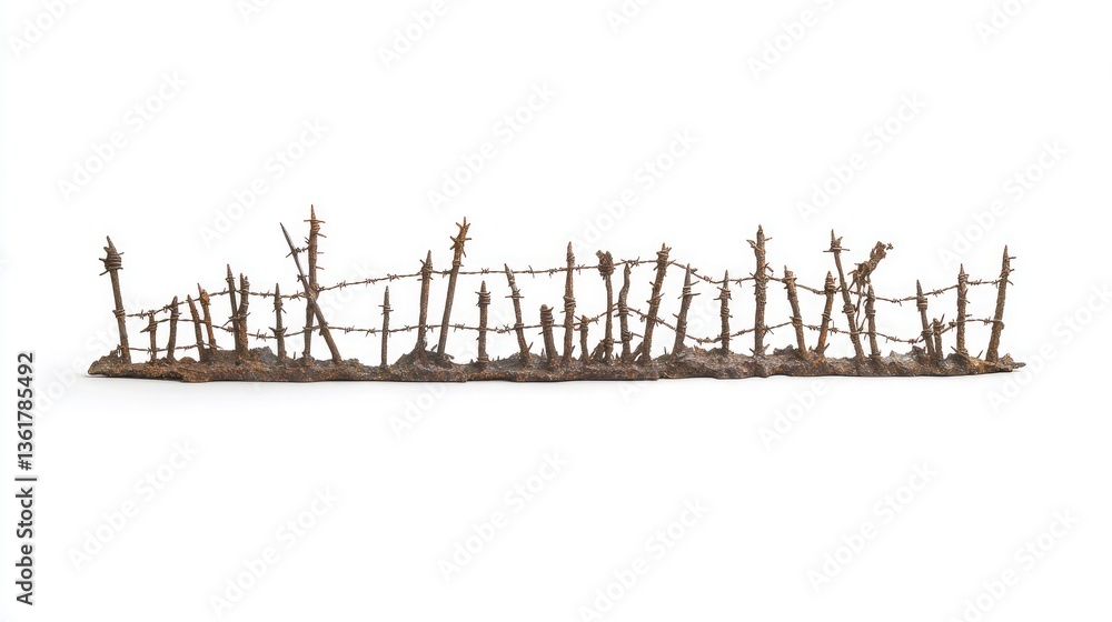 Poster a surreal depiction of a rusty barbed wire fence isolated on a white background, blending industrial