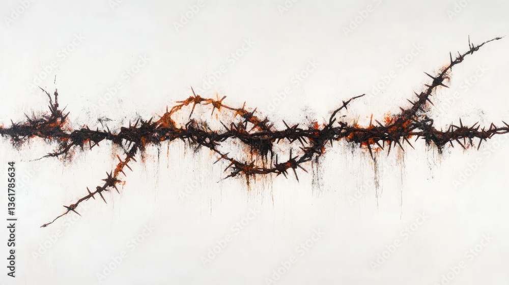Poster a surreal depiction of a rusty barbed wire fence isolated on a white background, blending industrial
