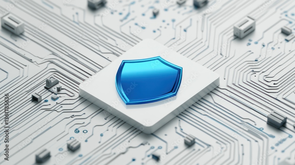 Poster digital shield on circuit board; security concept; technology background; stock photo