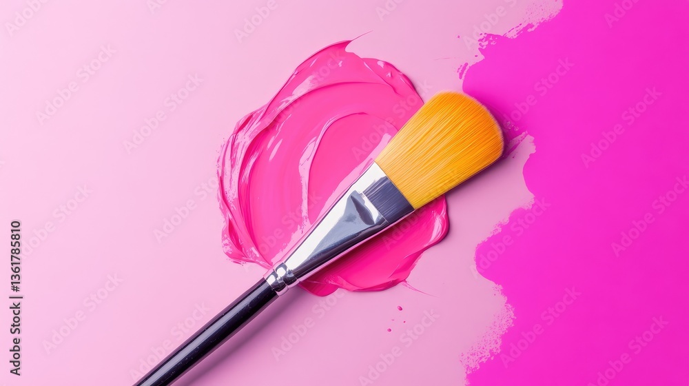 Poster a top-down view of a paintbrush beside a vibrant paint blob, capturing the essence of artistic creat
