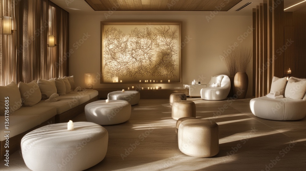 Poster A tranquil lounge designed with neutral colors and soft textures, complemented by delicate and ambient lighting for a calm, sophisticated vibe.