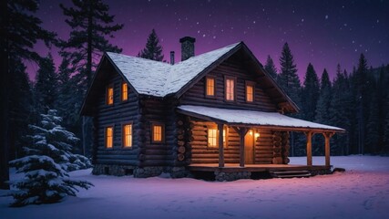 A cozy log cabin illuminated at night, surrounded by snow-covered trees under a starry sky.
