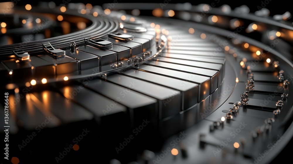 Poster abstract mechanical keyboard. circular, metallic design with glowing lights. detailed close-up view 