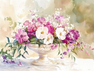 Watercolor still life: flowers in a white vase. Delicate brushstrokes capture the beauty of white & purple petals, creating a serene mood.