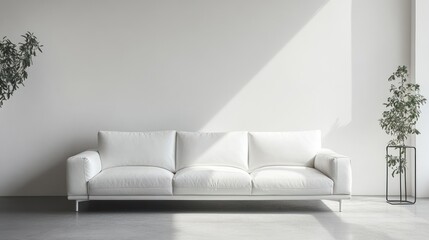 Modern white sofa in minimalist living room, sunlight streaming in.  Ideal for interior design