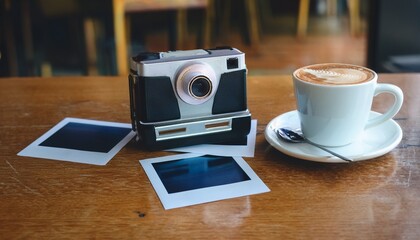 Polaroid camera and hot coffee on a cafe table