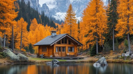 Fototapeta premium A rustic cabin surrounded by vibrant autumn colored trees and mountains