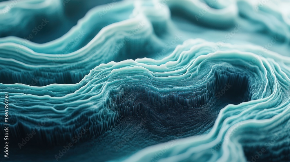 Poster abstract layered texture, intricate patterns of undulating forms in teal and dark teal shades. detai
