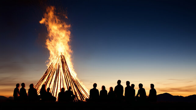 crowd watching easter bonfire or may fire on walpurgis night