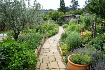Mediterranean Garden with Olive Trees: Warm stone pathways wind through rows of lavender