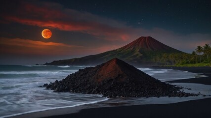 A serene volcanic landscape under a blood moon, featuring a black sand beach and lush palm trees.