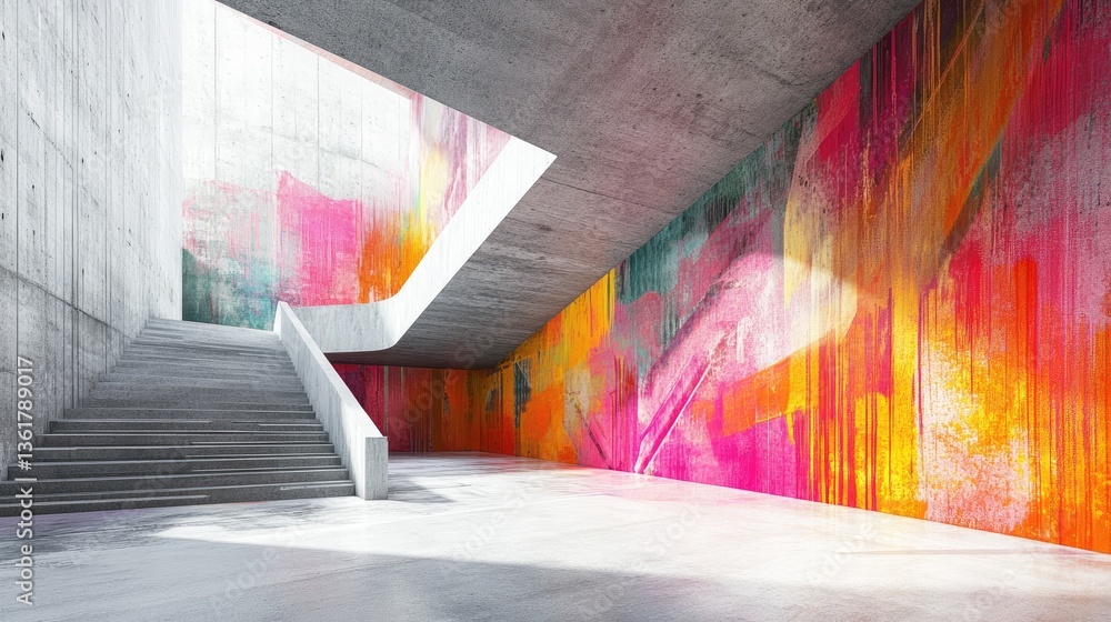 Aufkleber abstract colorful splashes of paint on a textured concrete surface, blending modern urban architectu