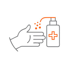 Fototapeta premium A hand applying hand sanitizer from a bottle, promoting hygiene and cleanliness, emphasizing health awareness, and representing the importance of hand sanitation in daily life.