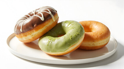 Chocolate and Matcha Glazed Donuts with White Icing on a White Plate