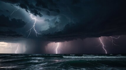 A dramatic seascape featuring dark storm clouds and striking lightning over turbulent ocean waves.