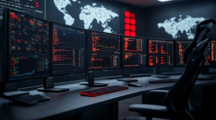 Cybersecurity operations center high-tech surveillance lab digital interface dark environment close-up view vigilant monitoring