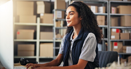 Small business, logistics and woman with computer for inventory, checking stock or research online....