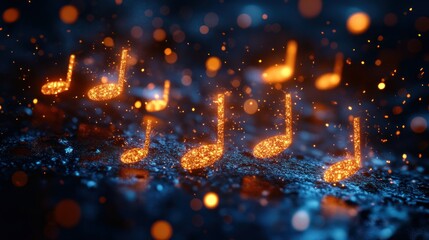Fototapeta premium Abstract musical notes. Sparkling musical symbols on a dark background