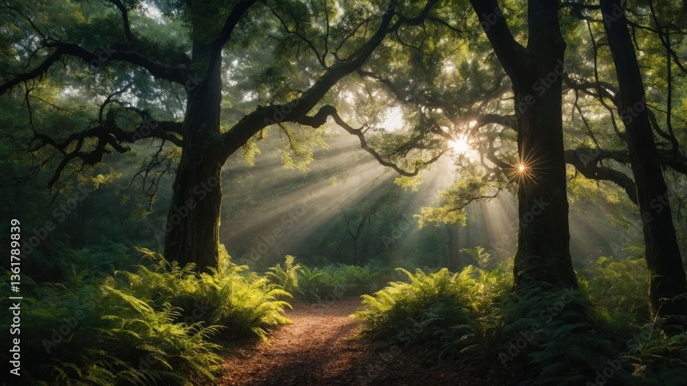 Poster a serene forest scene with sunlight filtering through trees, illuminating a path surrounded by ferns