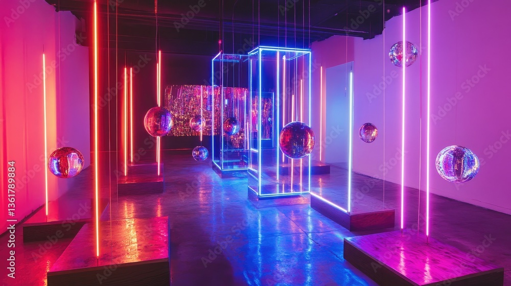 Poster Avant-garde art gallery with neon pathways, sound art installations, and floating orbs, merging futuristic audio and visual art in an engaging, resonant space.
