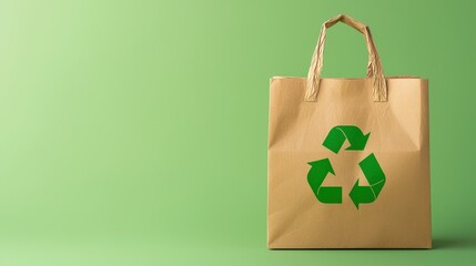 A brown paper bag featuring a green recycling symbol, set against a solid green background, representing eco-friendly practices, Eco-Friendly Packaging  cup.