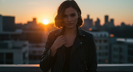 Woman in leather jacket at sunset on city rooftop view