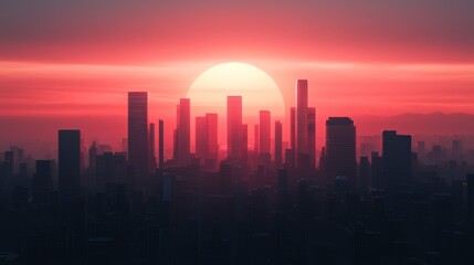 Fototapeta premium Sunset over a city skyline urban landscape digital art evening atmosphere wide angle view tranquil beauty