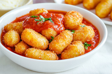 Bowl of tomato sauce and mozzarella-fried potatoes on a white plate, close-up. Mozzarella sticks with breaded parmesan cheese for happy hour or as an appetizing side dish to pizza.
