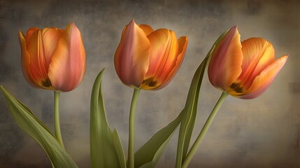 Fototapeta premium Three Orange Tulips Vintage Still Life Floral Art