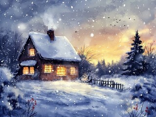 Fototapeta premium Snowy retreat painting showcasing a cozy house, glowing windows, and a charming winter landscape in delicate brushstrokes.