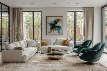 Modern living room with white walls, soft green velvet armchairs, light gray sofas, and abstract art above a lounge chair.