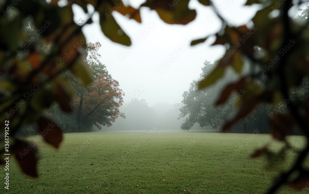 Poster misty autumn morning in a park. view through branches showing a green field and hazy trees in the ba