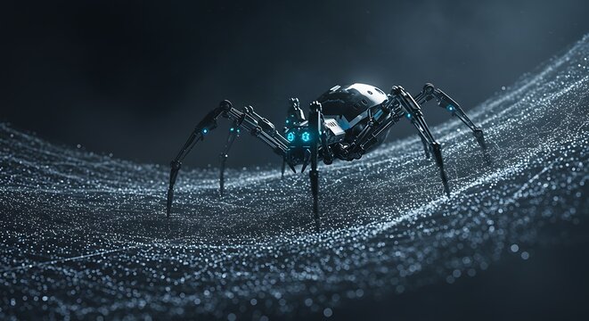 Cyberpunk Robotic Spider on Dark Particle Surface