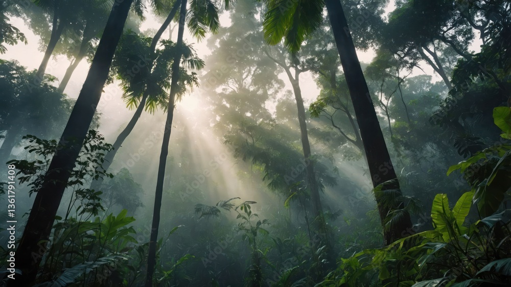 Poster a serene forest scene with sunlight streaming through tall trees, creating a mystical atmosphere.